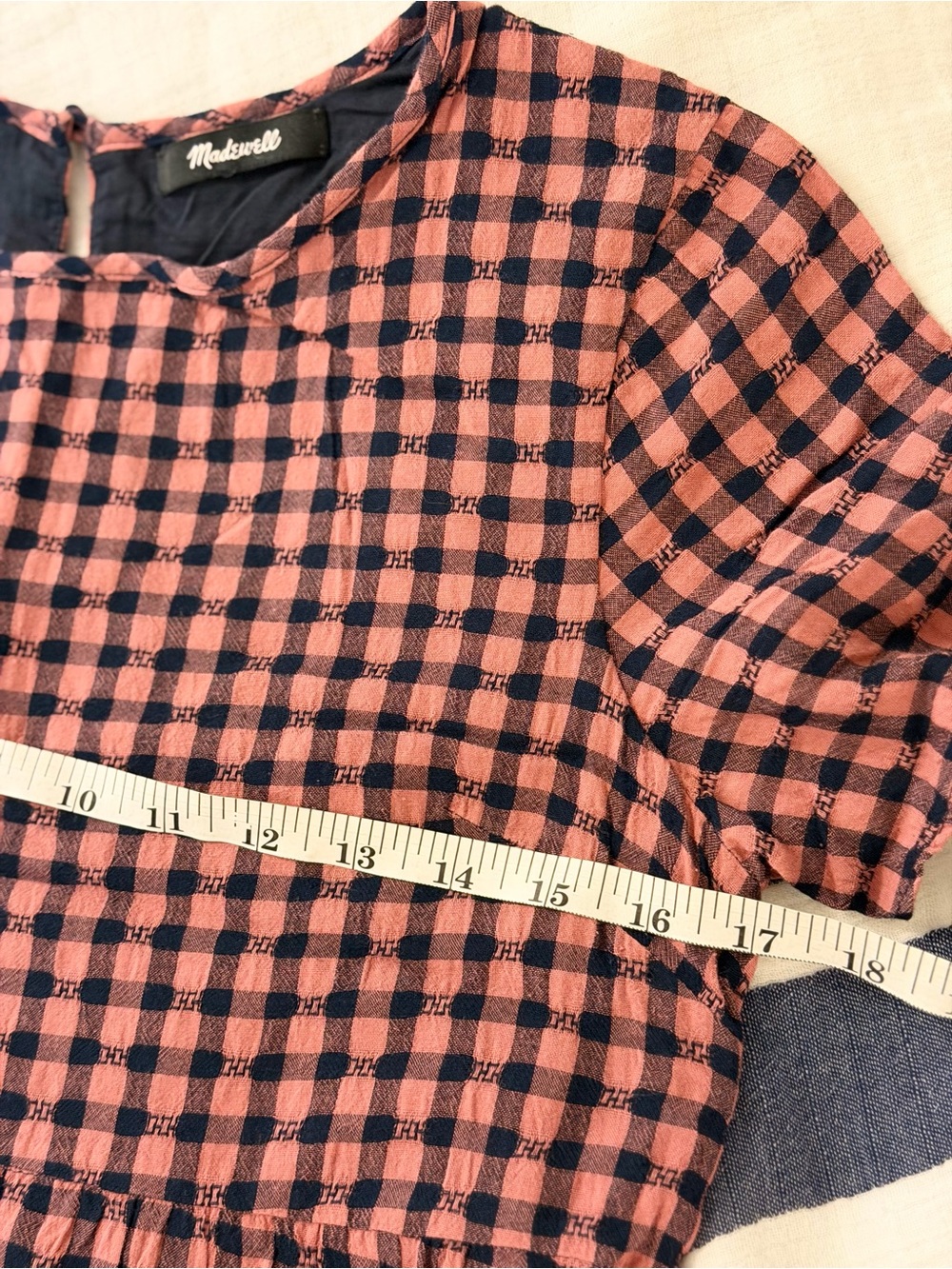 Madewell Short Sleeve Tiered Mini Dress Pink Navy Gingham Check, Like New, XS - Picture 13 of 16